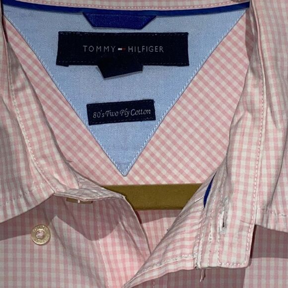 Tommy Hilfiger Men's Button-up Plaid 80's 2-Ply Cotton Dress Shirt Pink & White - Picture 4 of 12
